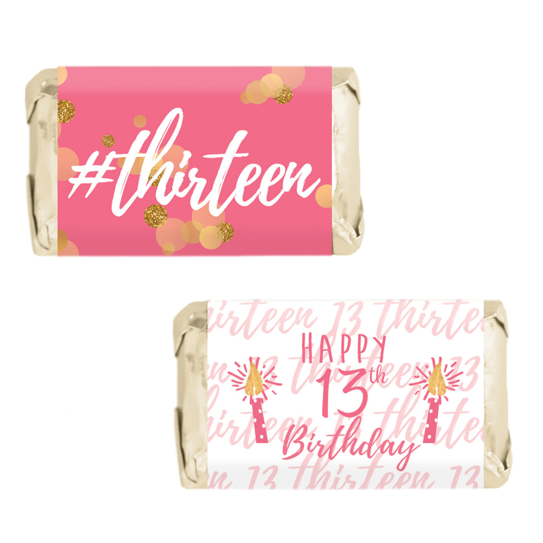 Thirteenth Birthday: Gold Confetti Pink & Gold - Mini Candy Bar Labels - Fits Hershey® Miniatures - 45 Stickers