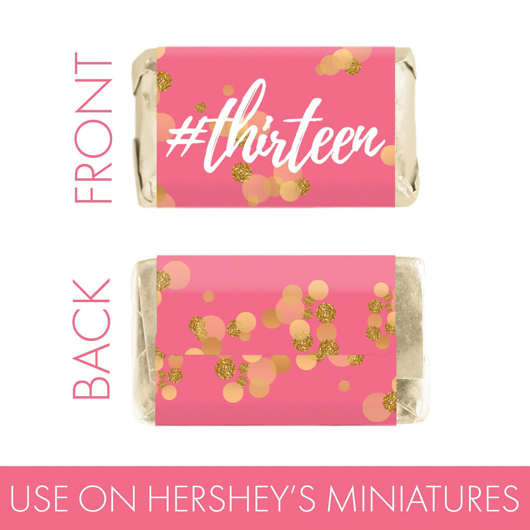 Decimotercer cumpleaños: Confeti dorado rosa y dorado - Mini etiquetas para barra de dulces - Se adapta a las miniaturas de Hershey® - 45 pegatinas