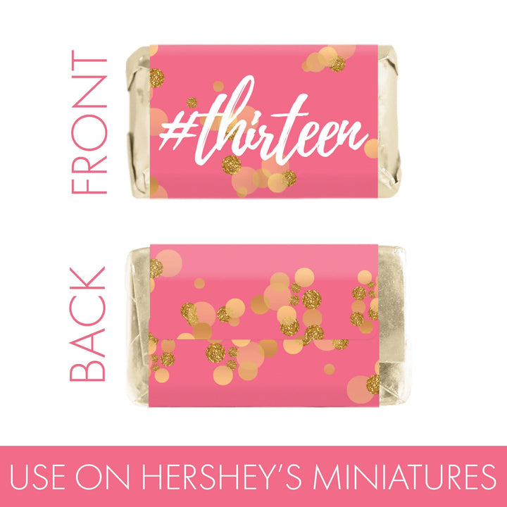 Decimotercer cumpleaños: Confeti dorado rosa y dorado - Mini etiquetas para barra de dulces - Se adapta a las miniaturas de Hershey® - 45 pegatinas