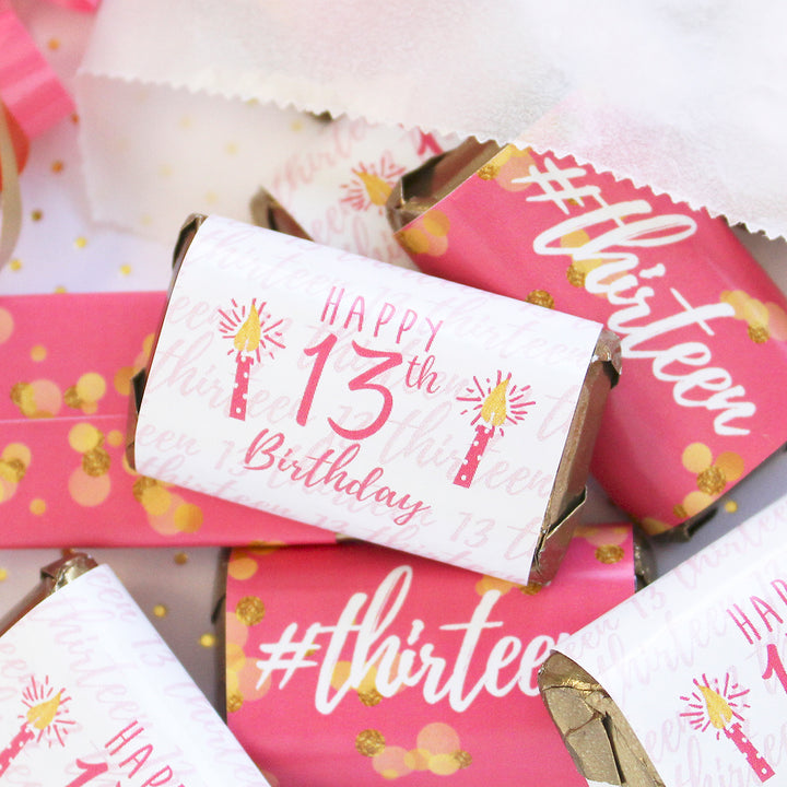Decimotercer cumpleaños: Confeti dorado rosa y dorado - Mini etiquetas para barra de dulces - Se adapta a las miniaturas de Hershey® - 45 pegatinas