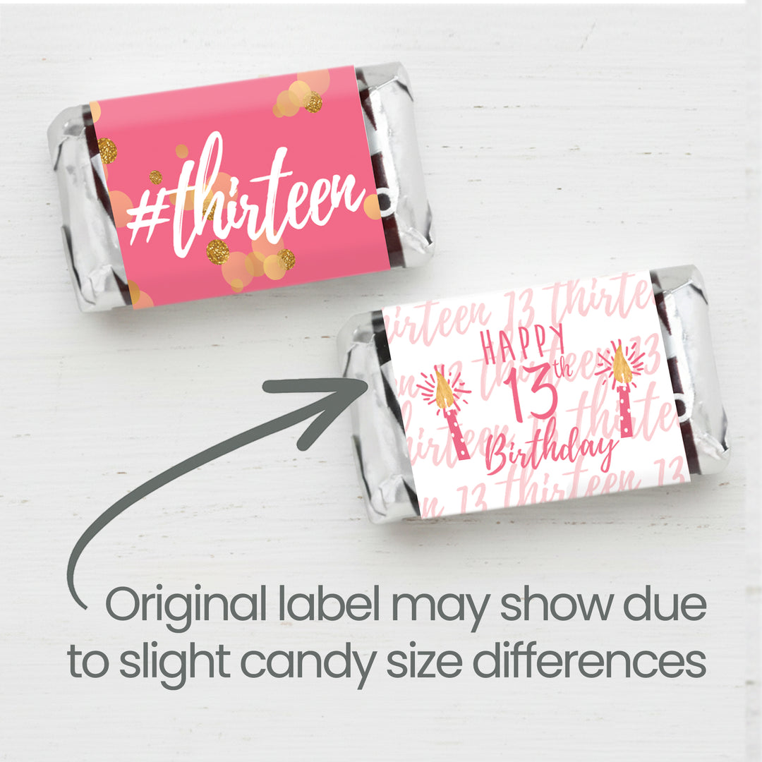 Thirteenth Birthday: Gold Confetti Pink & Gold - Mini Candy Bar Labels - Fits Hershey® Miniatures - 42 Stickers
