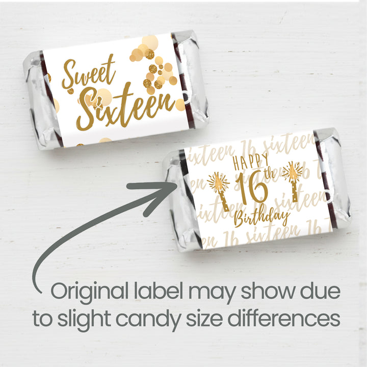 Sweet 16: White & Gold - Birthday Party Mini Candy Bar Wrappers - 42 Stickers