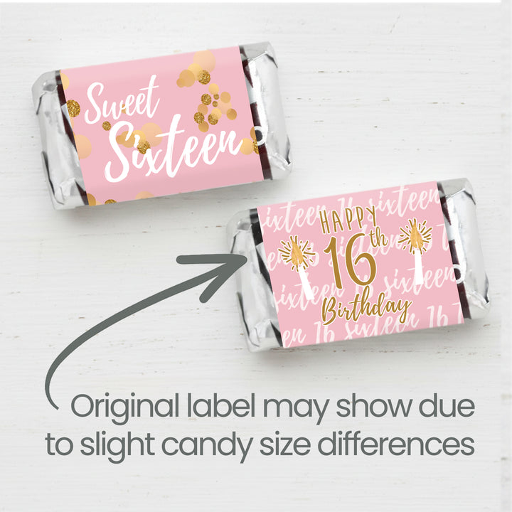 Sweet 16: Pink & Gold - Birthday Party  Mini Candy Bar Wrappers - 42 Stickers