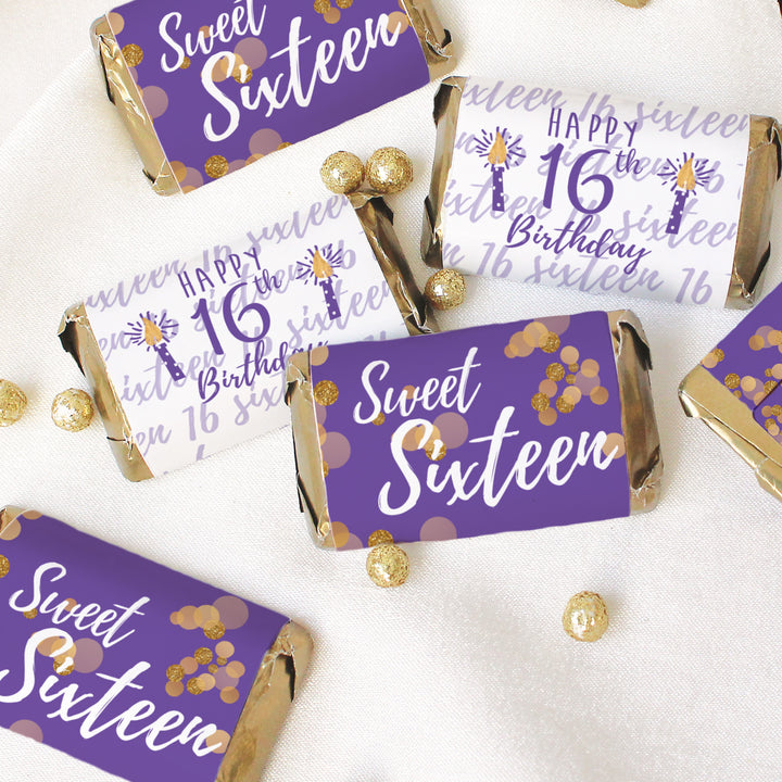 Sweet 16: Purple& Gold - Birthday Party  Mini Candy Bar Wrappers - 45 Stickers