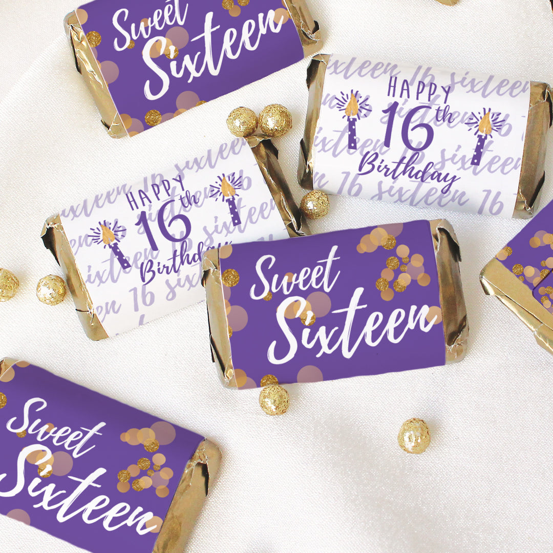 Sweet 16: Púrpura y Dorado - Mini envoltorios para barra de dulces para fiesta de cumpleaños - 45 pegatinas