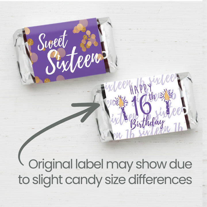 Sweet 16: Púrpura y Dorado - Mini envoltorios para barra de dulces para fiesta de cumpleaños - 45 pegatinas