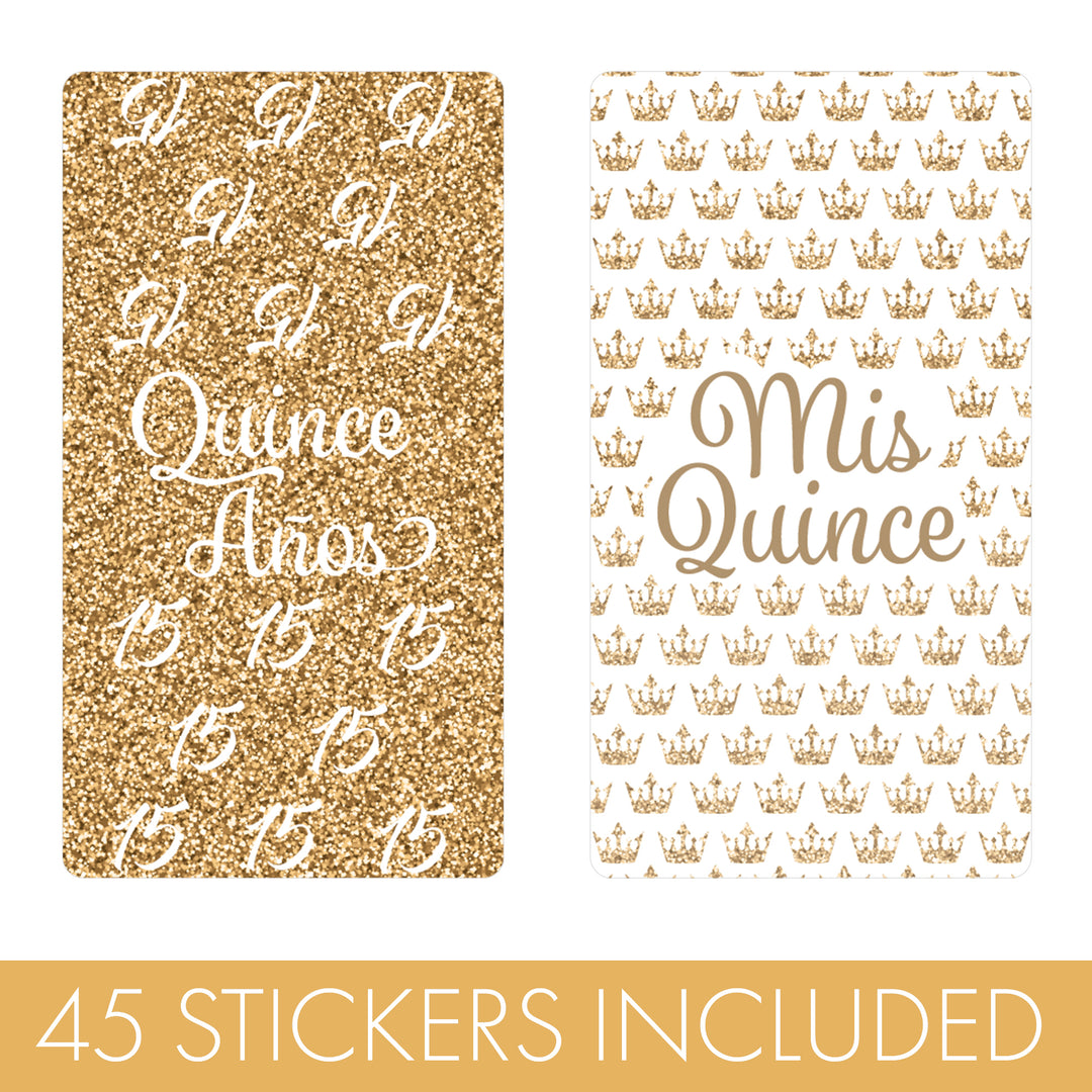 Quinceañera: White & Gold - Sparkling Mis Quince 15th Birthday - Hershey® Miniatures Candy Bar Wrappers Stickers - 45 Stickers
