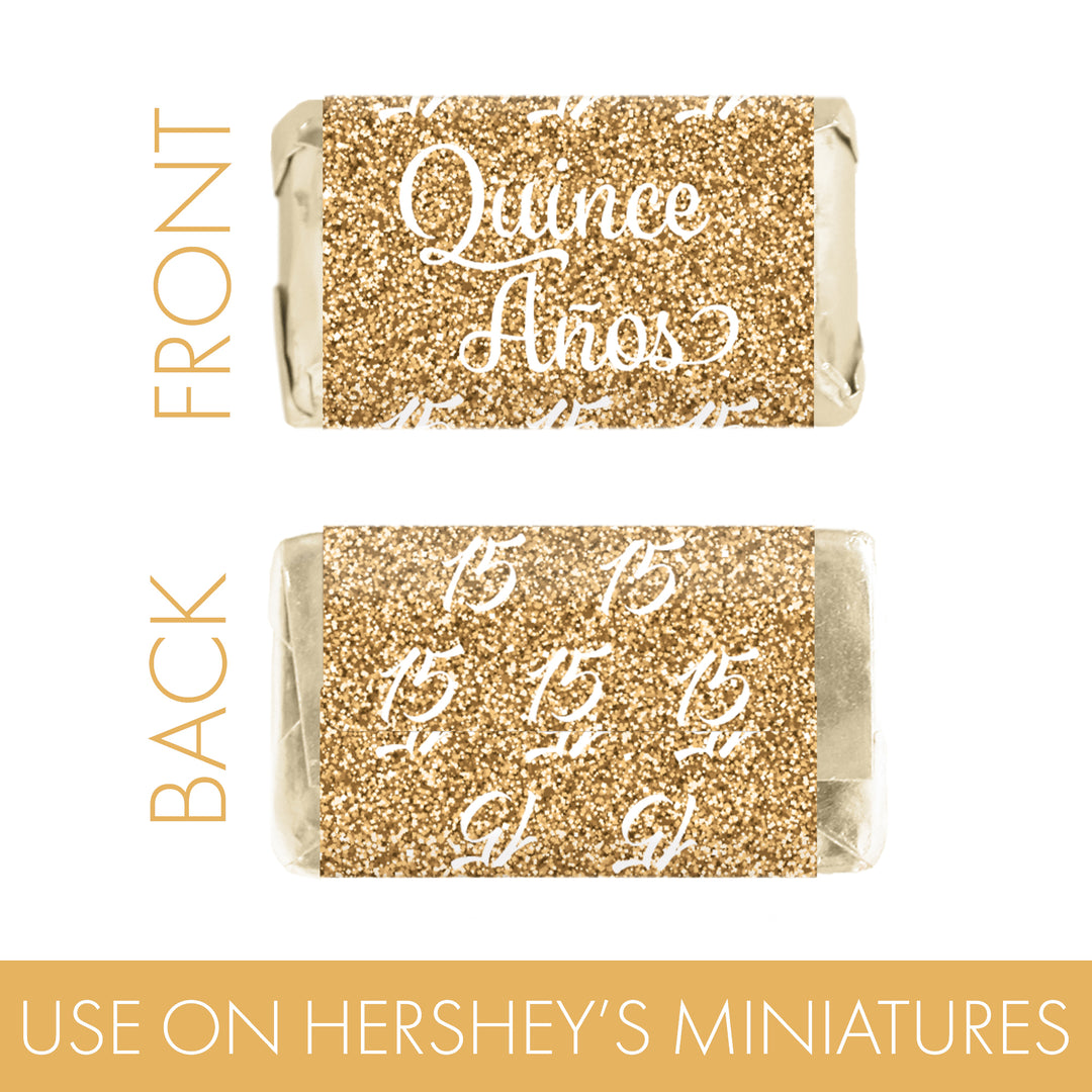Quinceañera: White & Gold - Sparkling Mis Quince 15th Birthday - Hershey® Miniatures Candy Bar Wrappers Stickers - 45 Stickers