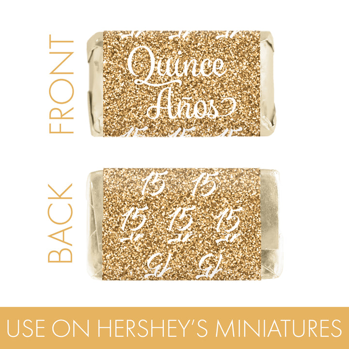 Quinceañera: White & Gold - Sparkling Mis Quince 15th Birthday - Hershey® Miniatures Candy Bar Wrappers Stickers - 45 Stickers