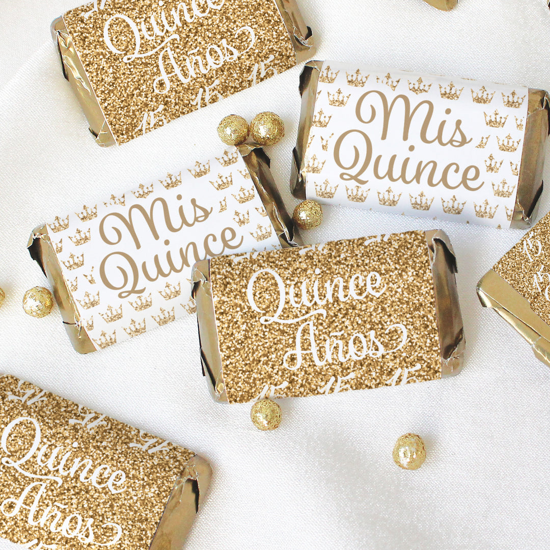 Quinceañera: White & Gold - Sparkling Mis Quince 15th Birthday - Hershey® Miniatures Candy Bar Wrappers Stickers - 45 Stickers