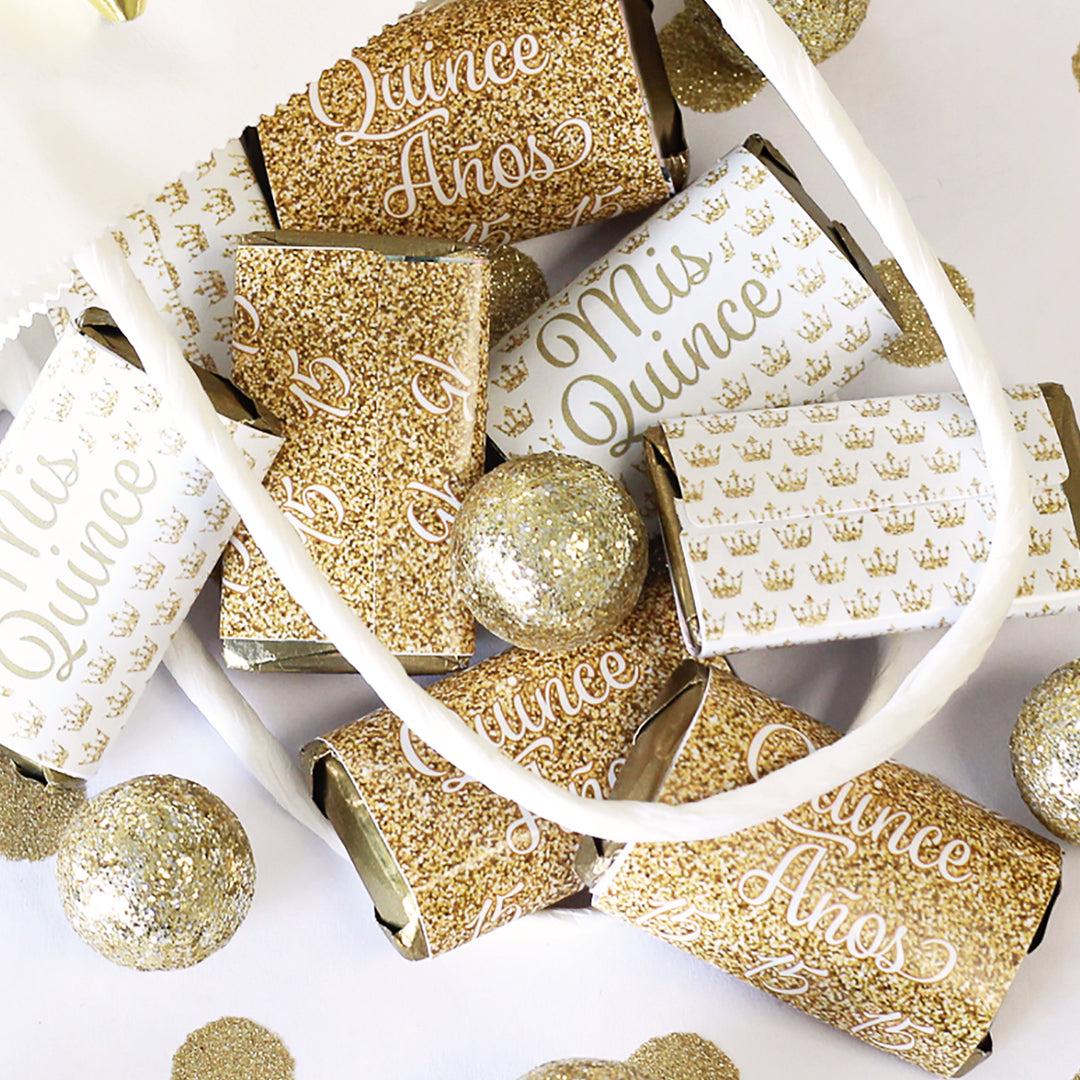 Quinceañera: Blanco y dorado - Sparkling Mis Quince 15.º cumpleaños - Hershey® Miniatures Candy Bar Wrappers Stickers - 45 stickers