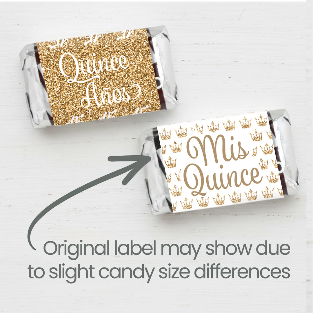 Quinceañera: White & Gold - Sparkling Mis Quince 15th Birthday - Hershey® Miniatures Candy Bar Wrappers Stickers - 42 Stickers