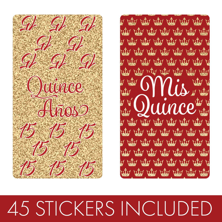 Quinceañera: Rojo y Dorado - Sparkling Mis Quince 15th Birthday - Hershey® Miniatures Candy Bar Wrappers Stickers - 45 Stickers