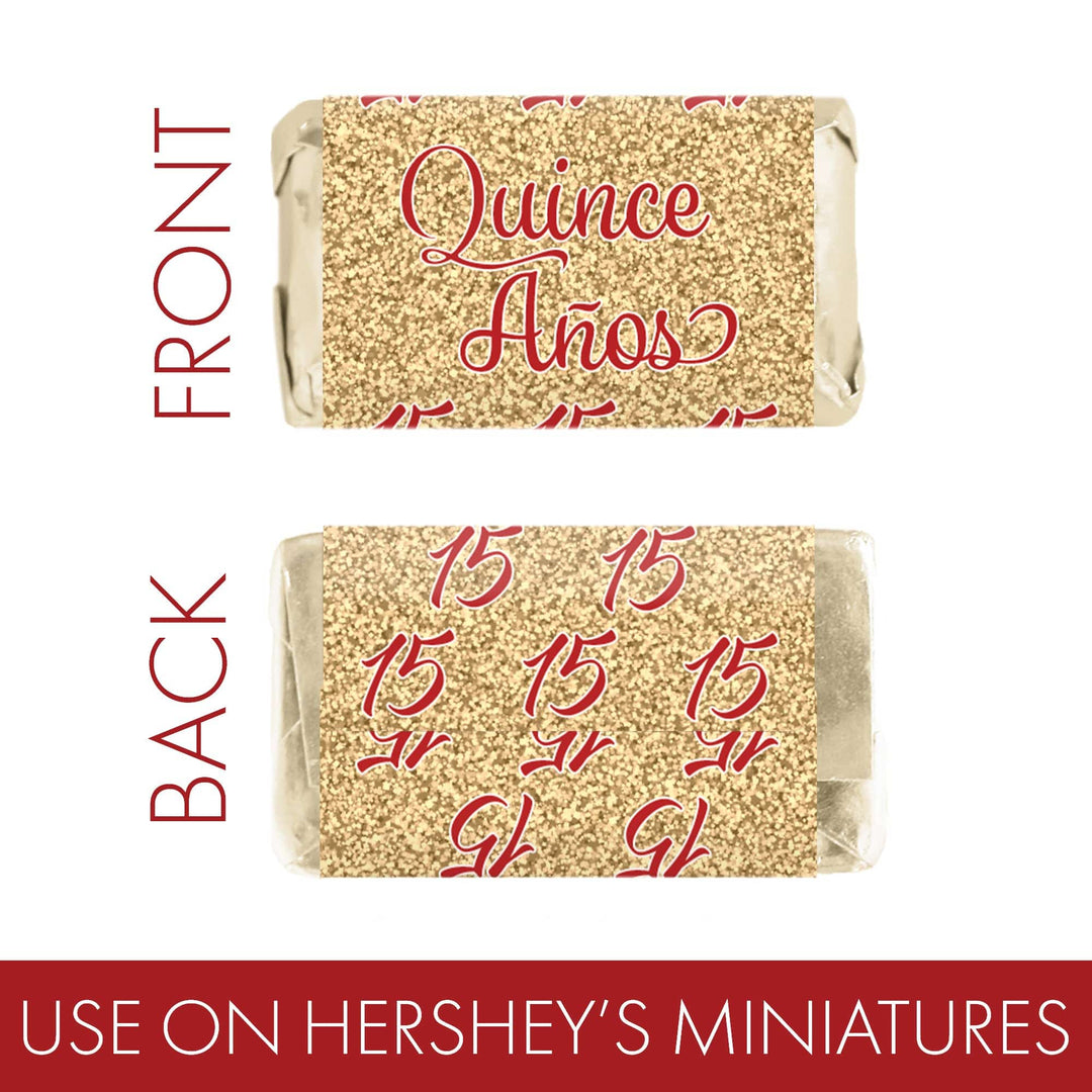 Quinceañera: Rojo y Dorado - Sparkling Mis Quince 15th Birthday - Hershey® Miniatures Candy Bar Wrappers Stickers - 45 Stickers