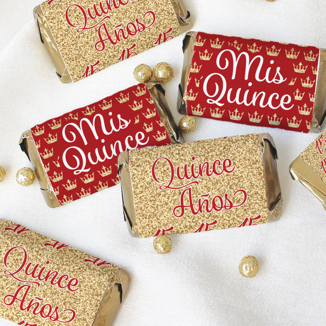 Quinceañera: Red & Gold - Sparkling Mis Quince 15th Birthday - Hershey® Miniatures Candy Bar Wrappers Stickers - 45 Stickers