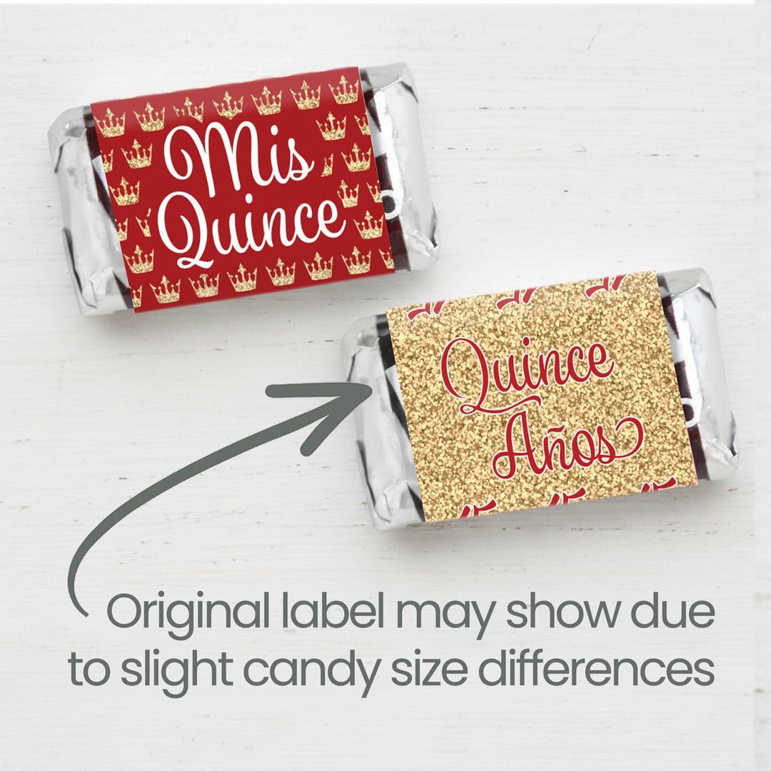 Quinceañera: Rojo y Dorado - Sparkling Mis Quince 15th Birthday - Hershey® Miniatures Candy Bar Wrappers Stickers - 45 Stickers