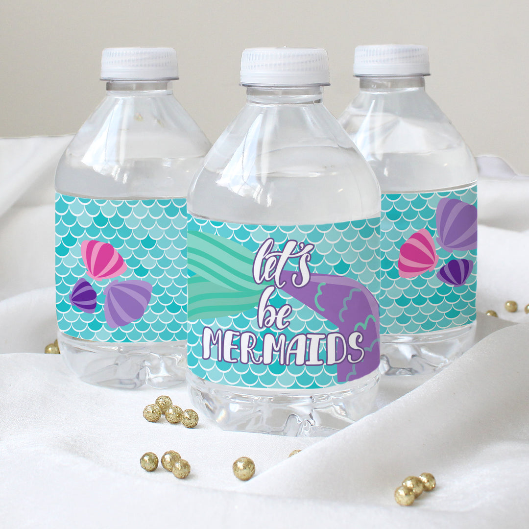 Sirena: Seamos sirenas - Cumpleaños infantil - Etiquetas para botellas de agua - 24 pegatinas impermeables