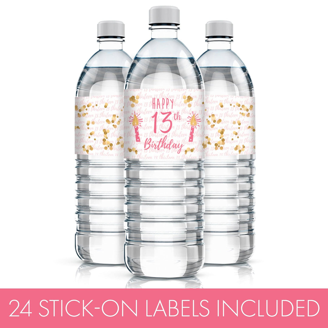 Thirteenth Birthday: Gold Confetti Pink & Gold - Water Bottle Labels - 24 Waterproof Stickers