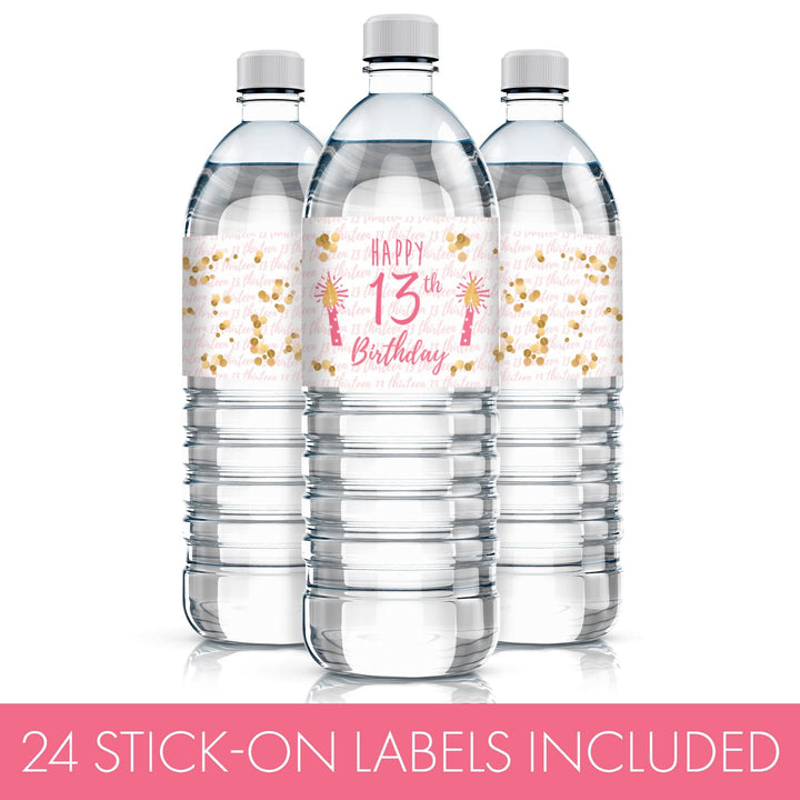 Thirteenth Birthday: Gold Confetti Pink & Gold - Water Bottle Labels - 24 Waterproof Stickers