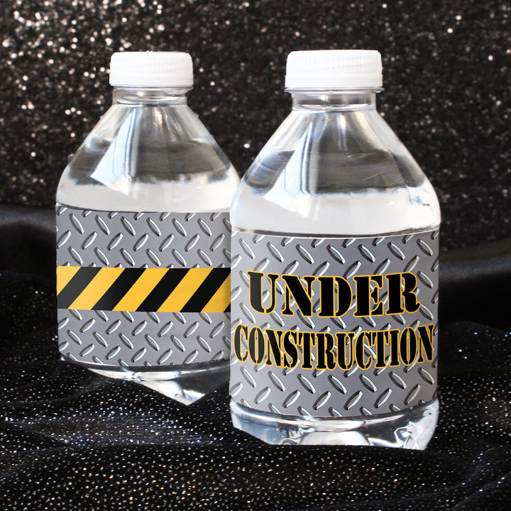 En construcción: Cumpleaños infantil - Etiquetas para botellas de agua - 24 pegatinas impermeables