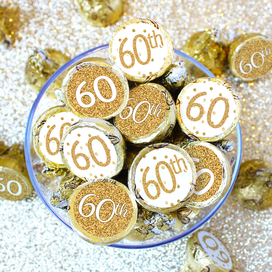 60th Birthday: White and Gold - Adult Birthday -   Party Favor Stickers - Fits on Hershey's Kisses - 180 Stickers