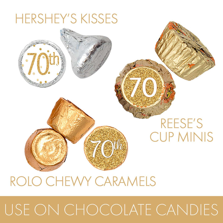 70th Birthday: White and Gold - Adult Birthday - Party Favor Stickers - Fits on Hershey's Kisses - 180 Stickers - Distinctivs Party