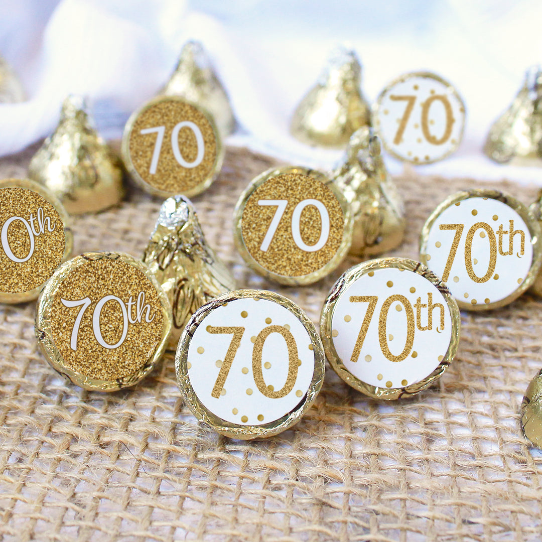 70th Birthday: White and Gold - Adult Birthday - Party Favor Stickers - Fits on Hershey's Kisses - 180 Stickers