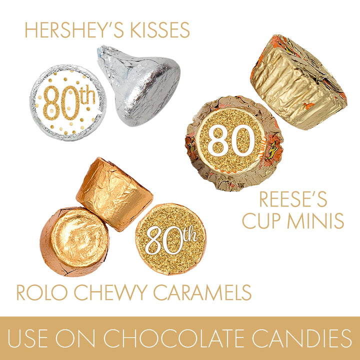 80th Birthday: White and Gold - Adult Birthday - Party Favor Stickers - Fits on Hershey's Kisses - 180 Stickers - Distinctivs Party