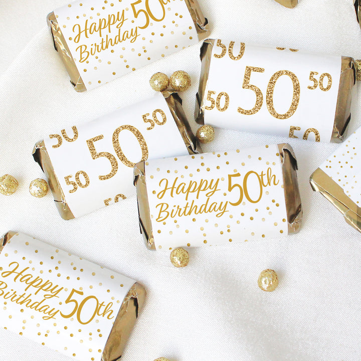 50.º cumpleaños: blanco y dorado - Cumpleaños de adultos - Pegatinas de envoltorios para barra de caramelos en miniatura de Hershey's - 45 pegatinas