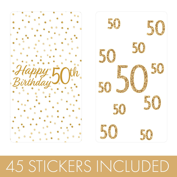 50th Birthday: White and Gold - Adult Birthday - Hershey's Miniatures Candy Bar Wrappers Stickers - 45 Stickers - Distinctivs Party