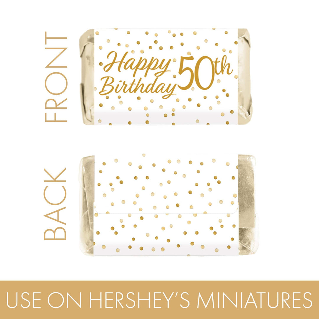 50th Birthday: White and Gold - Adult Birthday - Hershey's Miniatures Candy Bar Wrappers Stickers - 45 Stickers - Distinctivs Party