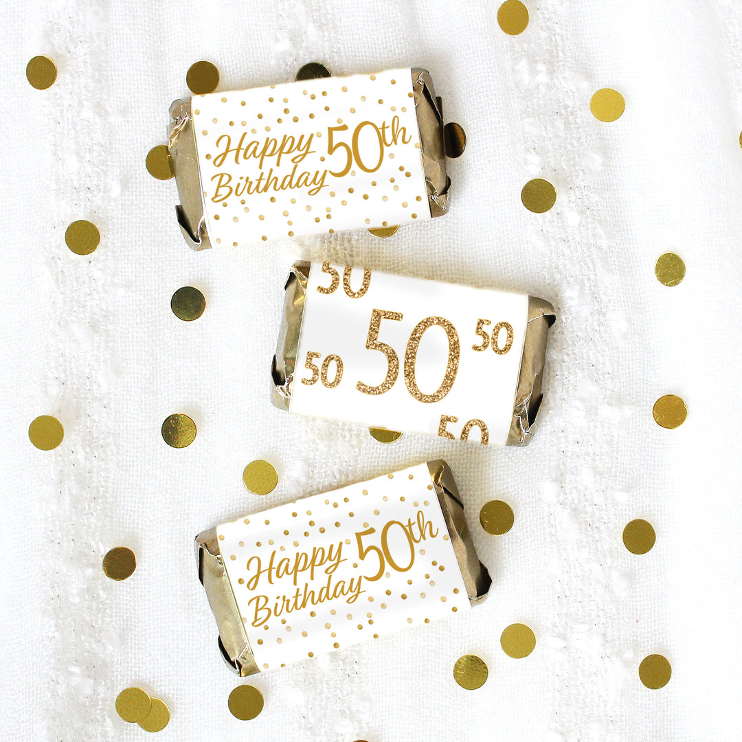 50th Birthday: White and Gold - Adult Birthday - Hershey's Miniatures Candy Bar Wrappers Stickers - 45 Stickers