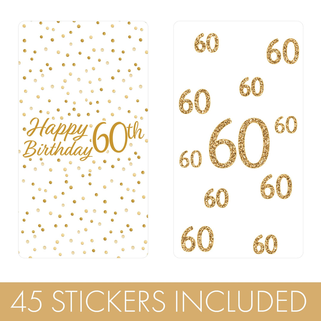 60th Birthday: White and Gold - Adult Birthday -  Hershey's Miniatures Candy Bar Wrappers Stickers - 45 Stickers - Distinctivs Party