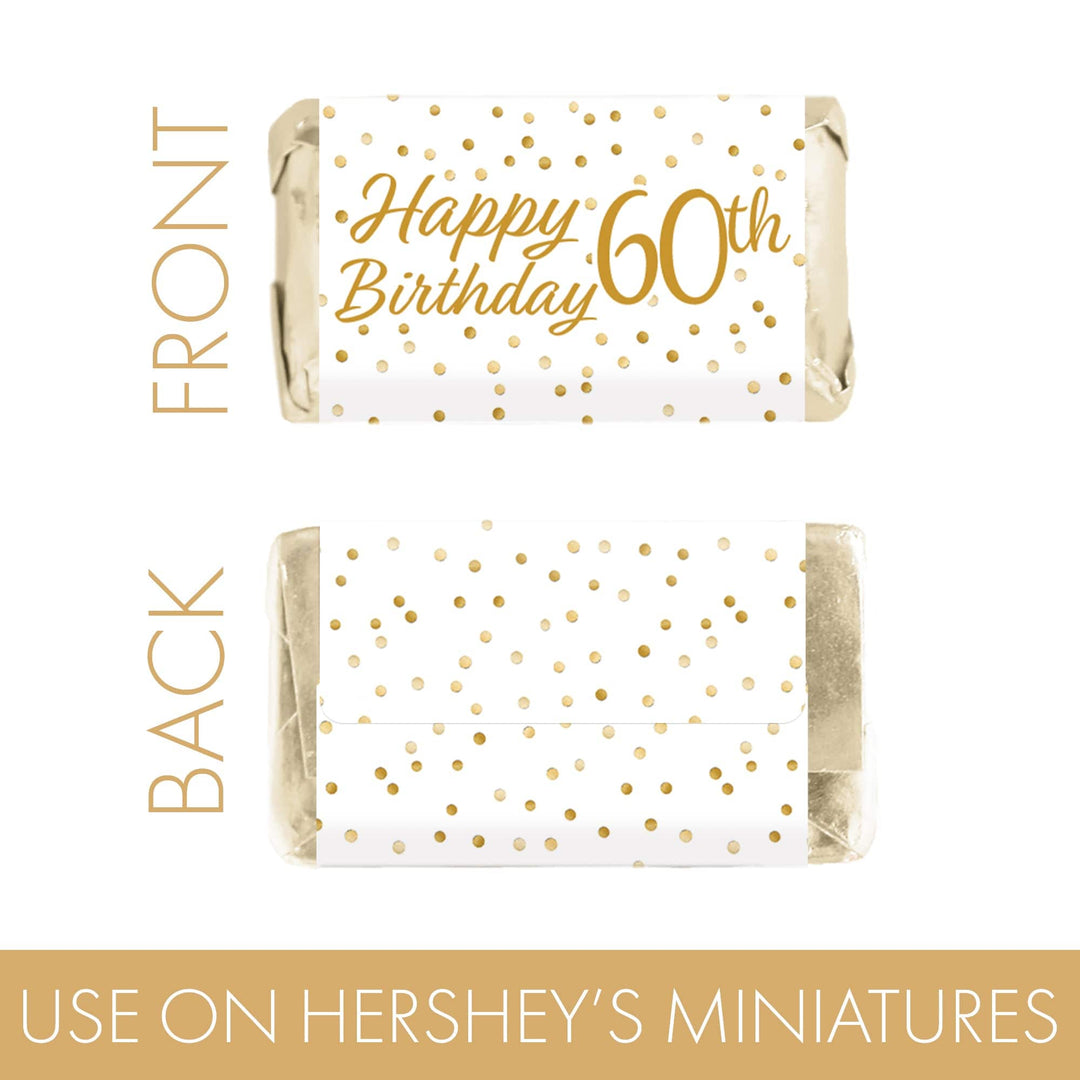 60th Birthday: White and Gold - Adult Birthday -  Hershey's Miniatures Candy Bar Wrappers Stickers - 45 Stickers - Distinctivs Party