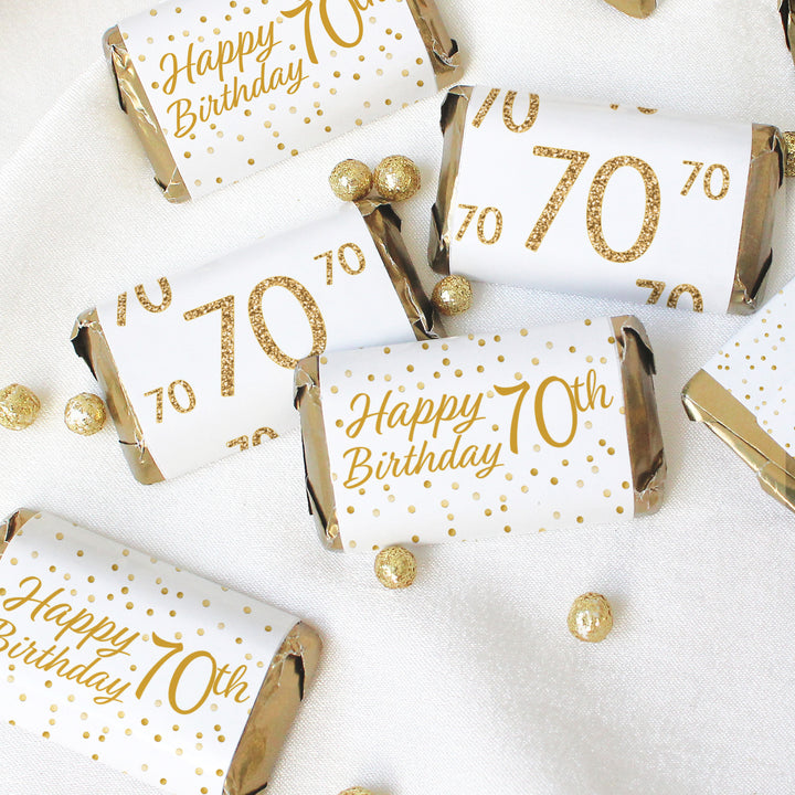 70.º cumpleaños: fiesta blanca y dorada - Cumpleaños de adultos - Pegatinas envoltorios para barra de caramelos en miniatura de Hershey's - 45 pegatinas