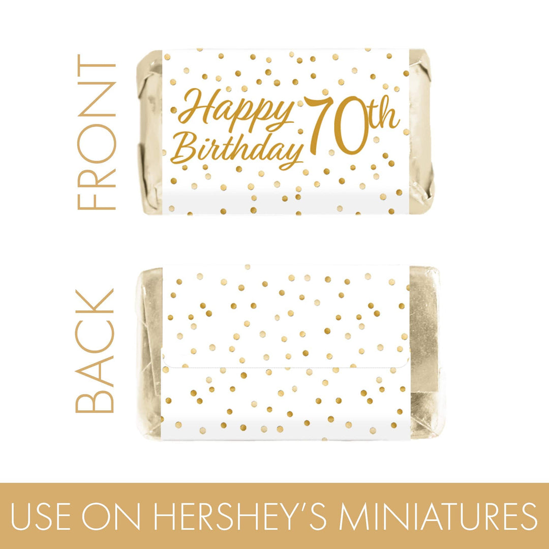 70th Birthday: White and Gold Party - Adult Birthday - Hershey's Miniatures Candy Bar Wrappers Stickers - 45 Stickers - Distinctivs Party