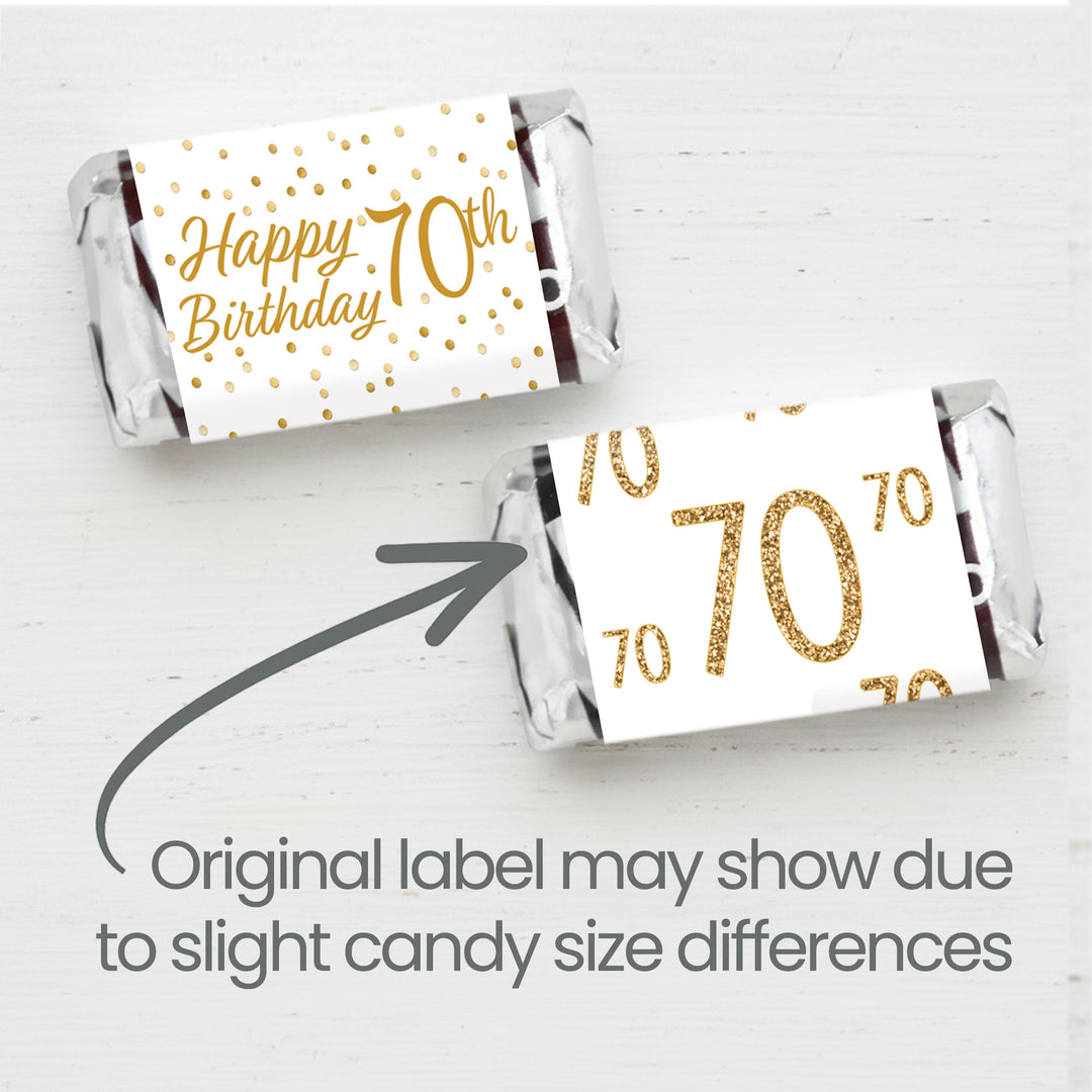 70th Birthday: White and Gold Party - Adult Birthday - Hershey's Miniatures Candy Bar Wrappers Stickers - 42 Stickers