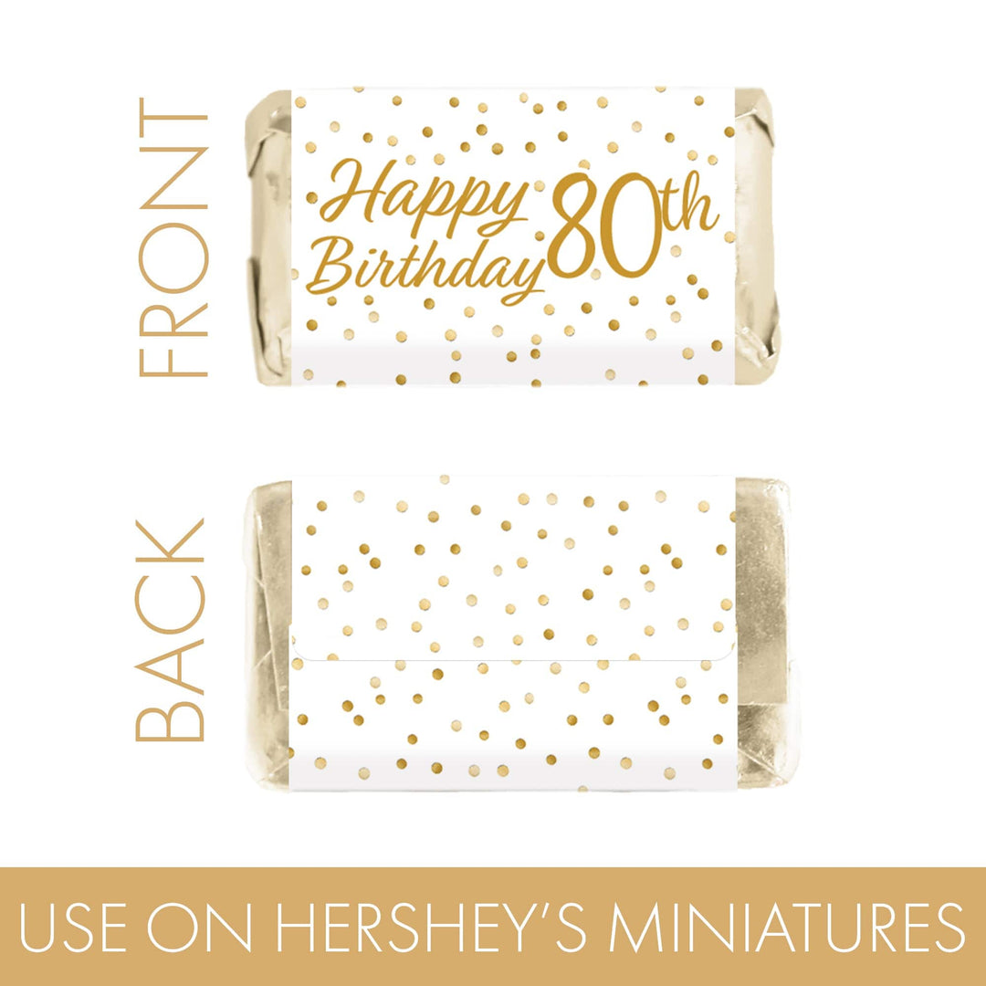 80th Birthday: White and Gold - Adult Birthday - Hershey's Miniatures Candy Bar Wrappers Stickers - 45 Stickers - Distinctivs Party