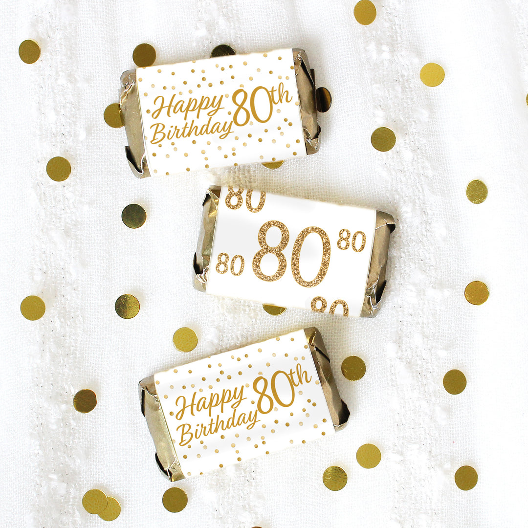 80.º cumpleaños: blanco y dorado - Cumpleaños de adultos - Pegatinas de envoltorios para barra de caramelos en miniatura de Hershey's - 45 pegatinas