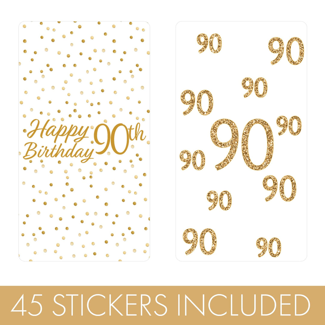 90th Birthday: White and Gold  - Adult Birthday - Hershey's Miniatures Candy Bar Wrappers Stickers - 45 Stickers - Distinctivs Party