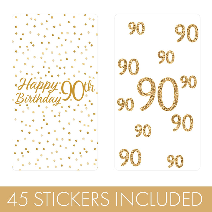 90th Birthday: White and Gold  - Adult Birthday - Hershey's Miniatures Candy Bar Wrappers Stickers - 45 Stickers - Distinctivs Party