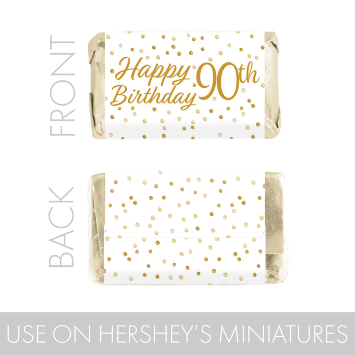 90.º cumpleaños: blanco y dorado - Cumpleaños de adultos - Hershey's Miniatures Candy Bar Wrappers Stickers - 45 pegatinas
