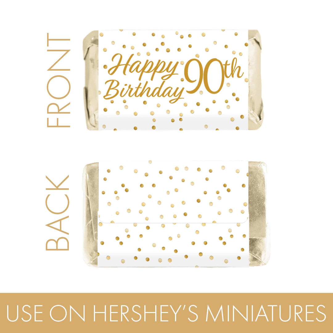 90th Birthday: White and Gold  - Adult Birthday - Hershey's Miniatures Candy Bar Wrappers Stickers - 45 Stickers - Distinctivs Party