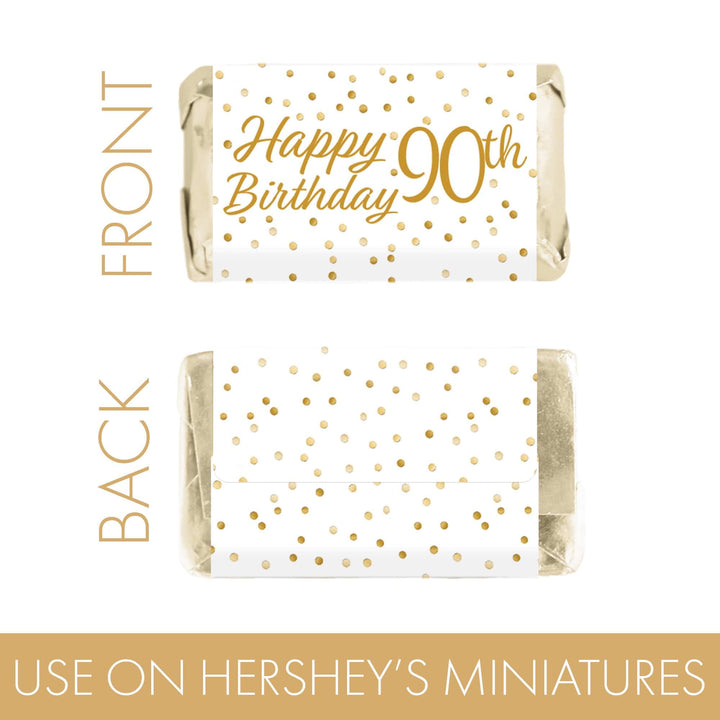 90th Birthday: White and Gold  - Adult Birthday - Hershey's Miniatures Candy Bar Wrappers Stickers - 45 Stickers - Distinctivs Party