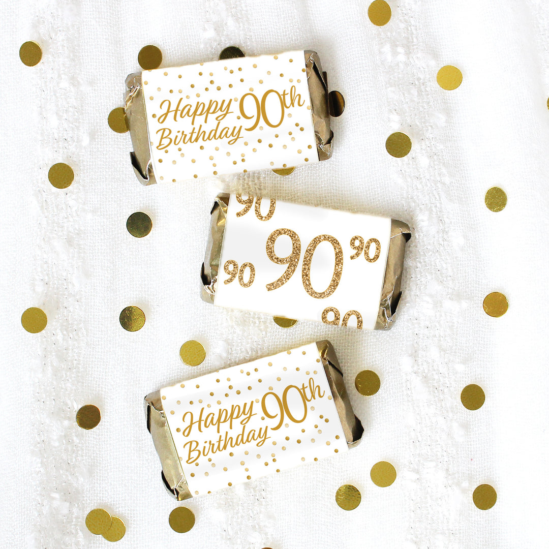 90th Birthday: White and Gold  - Adult Birthday - Hershey's Miniatures Candy Bar Wrappers Stickers - 45 Stickers
