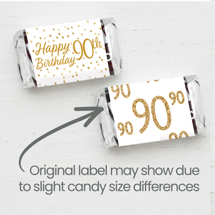 90th Birthday: White and Gold  - Adult Birthday - Hershey's Miniatures Candy Bar Wrappers Stickers - 42 Stickers