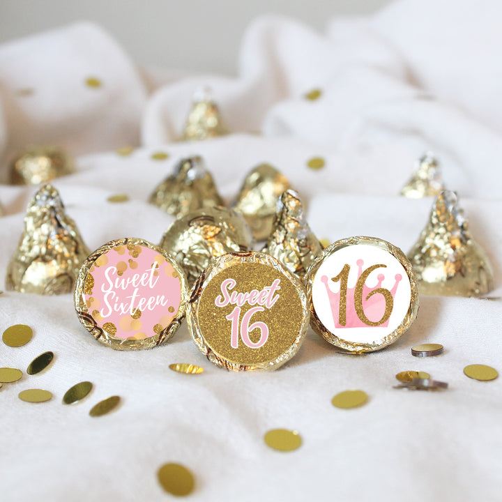 Dulces 16: rosa y dorado - Pegatinas para regalos de fiesta de cumpleaños - Se adapta a Hershey's Kisses - 180 pegatinas