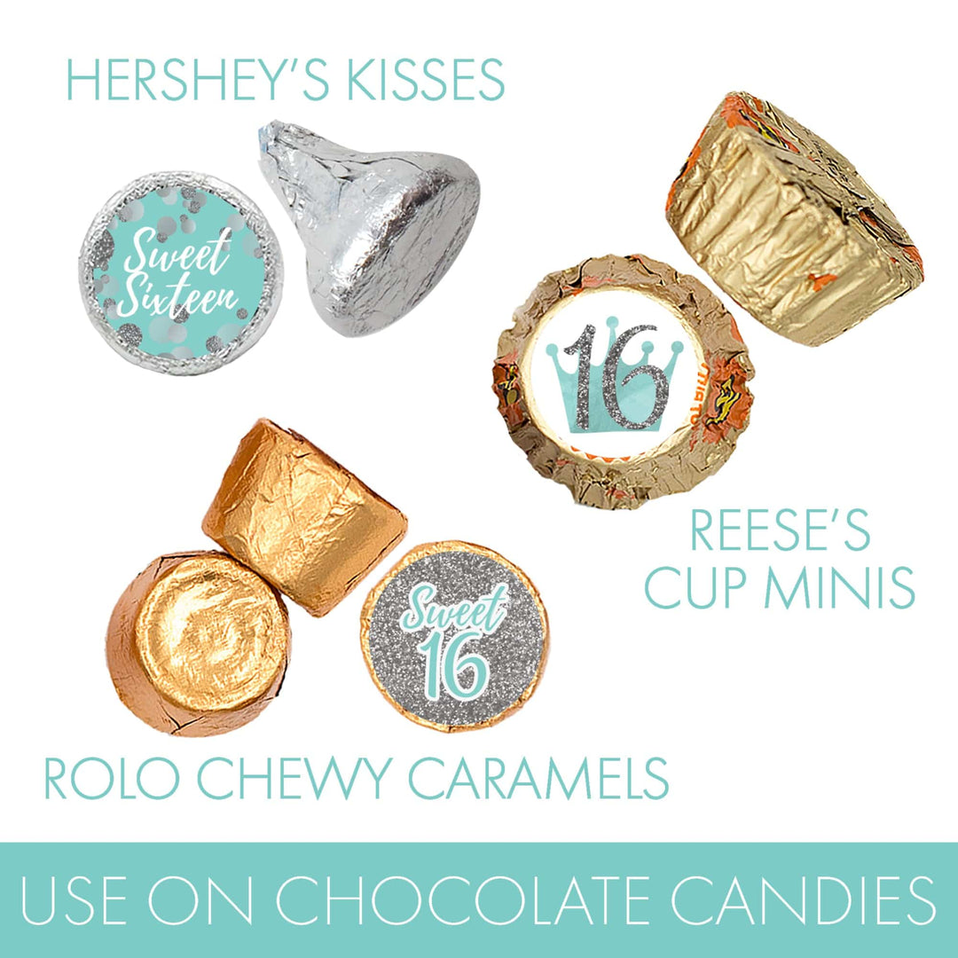 Sweet 16: Teal & Silver - Birthday Party Favor Stickers - Fits on Hershey's Kisses - 180 Stickers