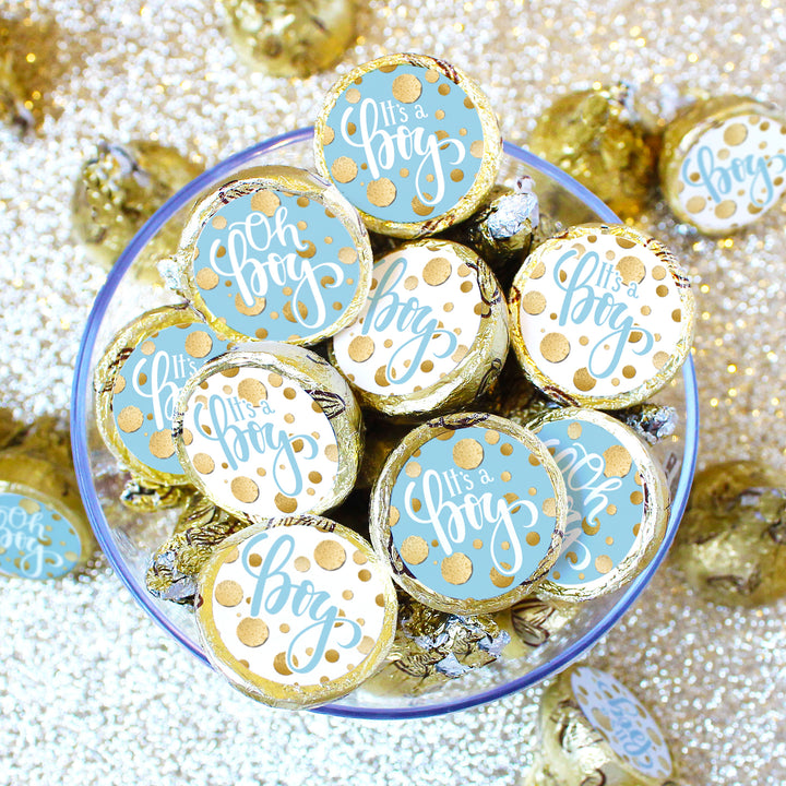 Confeti dorado: azul - Es un baby shower para niño - Pegatinas de recuerdo - Se adapta a Hershey's Kisses - 180 pegatinas