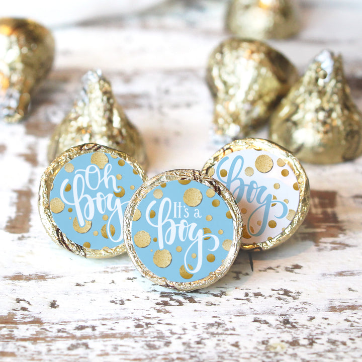 Gold Confetti: Blue - It's a Boy Baby Shower - Favor Stickers - Fits on Hershey's Kisses - 180 Stickers
